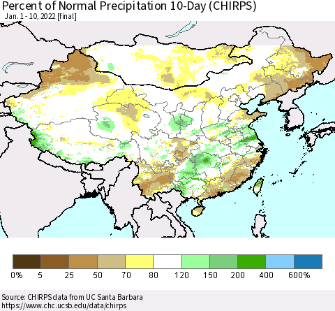 China, Mongolia and Taiwan Percent of Normal Precipitation 10-Day (CHIRPS) Thematic Map For 1/1/2022 - 1/10/2022