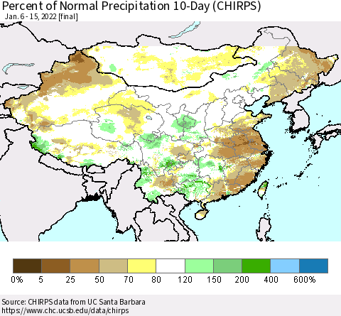 China, Mongolia and Taiwan Percent of Normal Precipitation 10-Day (CHIRPS) Thematic Map For 1/6/2022 - 1/15/2022