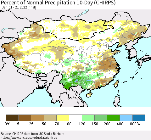 China, Mongolia and Taiwan Percent of Normal Precipitation 10-Day (CHIRPS) Thematic Map For 1/11/2022 - 1/20/2022