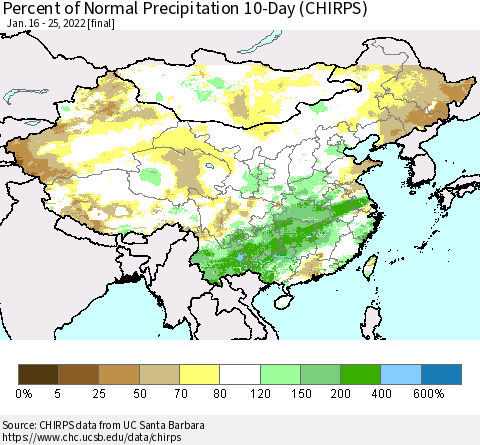 China, Mongolia and Taiwan Percent of Normal Precipitation 10-Day (CHIRPS) Thematic Map For 1/16/2022 - 1/25/2022