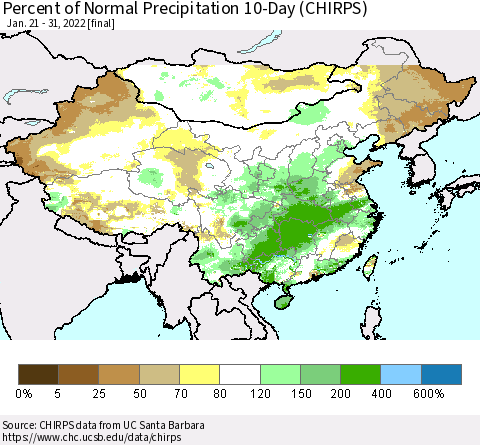 China, Mongolia and Taiwan Percent of Normal Precipitation 10-Day (CHIRPS) Thematic Map For 1/21/2022 - 1/31/2022