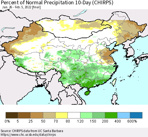 China, Mongolia and Taiwan Percent of Normal Precipitation 10-Day (CHIRPS) Thematic Map For 1/26/2022 - 2/5/2022