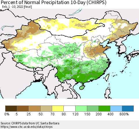 China, Mongolia and Taiwan Percent of Normal Precipitation 10-Day (CHIRPS) Thematic Map For 2/1/2022 - 2/10/2022