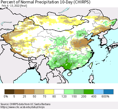 China, Mongolia and Taiwan Percent of Normal Precipitation 10-Day (CHIRPS) Thematic Map For 2/6/2022 - 2/15/2022