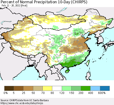 China, Mongolia and Taiwan Percent of Normal Precipitation 10-Day (CHIRPS) Thematic Map For 2/11/2022 - 2/20/2022