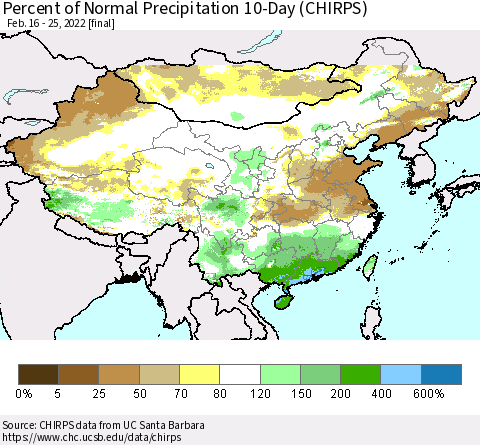 China, Mongolia and Taiwan Percent of Normal Precipitation 10-Day (CHIRPS) Thematic Map For 2/16/2022 - 2/25/2022