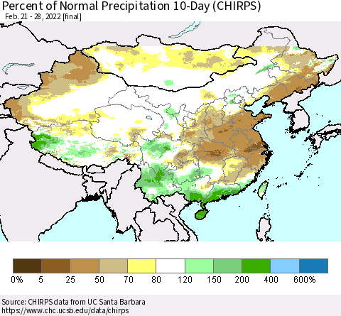 China, Mongolia and Taiwan Percent of Normal Precipitation 10-Day (CHIRPS) Thematic Map For 2/21/2022 - 2/28/2022