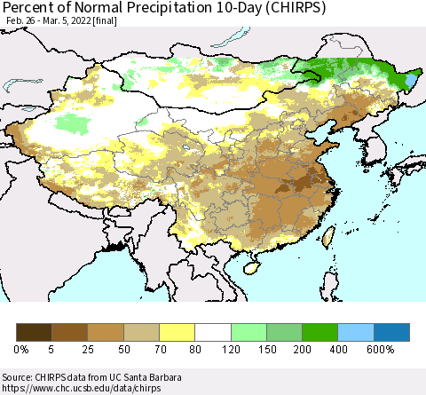 China, Mongolia and Taiwan Percent of Normal Precipitation 10-Day (CHIRPS) Thematic Map For 2/26/2022 - 3/5/2022