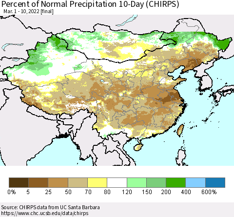 China, Mongolia and Taiwan Percent of Normal Precipitation 10-Day (CHIRPS) Thematic Map For 3/1/2022 - 3/10/2022