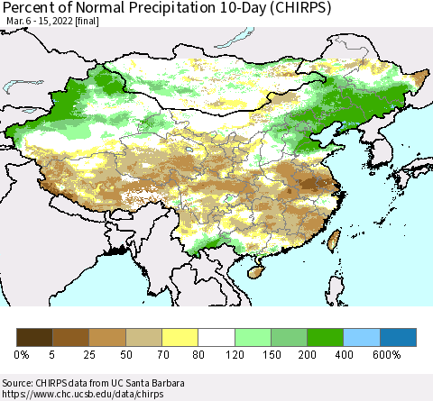 China, Mongolia and Taiwan Percent of Normal Precipitation 10-Day (CHIRPS) Thematic Map For 3/6/2022 - 3/15/2022