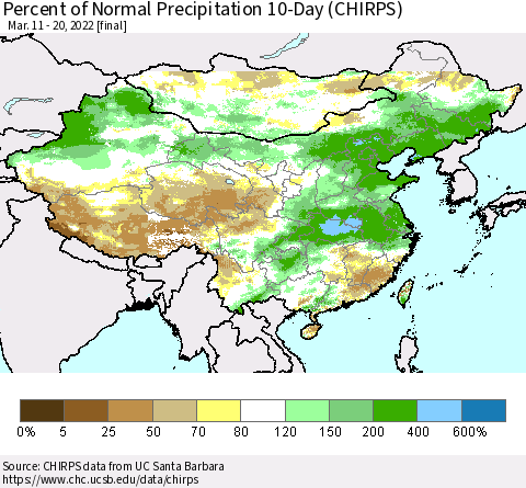 China, Mongolia and Taiwan Percent of Normal Precipitation 10-Day (CHIRPS) Thematic Map For 3/11/2022 - 3/20/2022