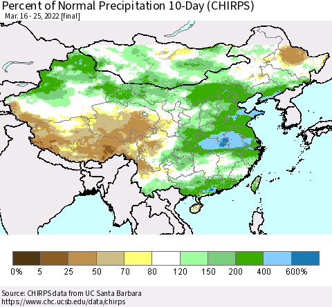 China, Mongolia and Taiwan Percent of Normal Precipitation 10-Day (CHIRPS) Thematic Map For 3/16/2022 - 3/25/2022