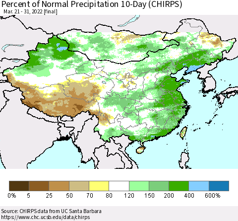 China, Mongolia and Taiwan Percent of Normal Precipitation 10-Day (CHIRPS) Thematic Map For 3/21/2022 - 3/31/2022