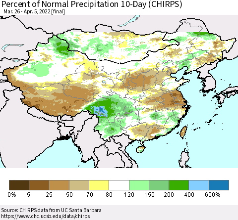 China, Mongolia and Taiwan Percent of Normal Precipitation 10-Day (CHIRPS) Thematic Map For 3/26/2022 - 4/5/2022