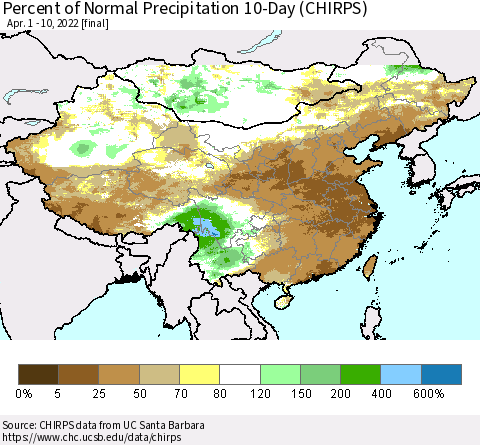 China, Mongolia and Taiwan Percent of Normal Precipitation 10-Day (CHIRPS) Thematic Map For 4/1/2022 - 4/10/2022