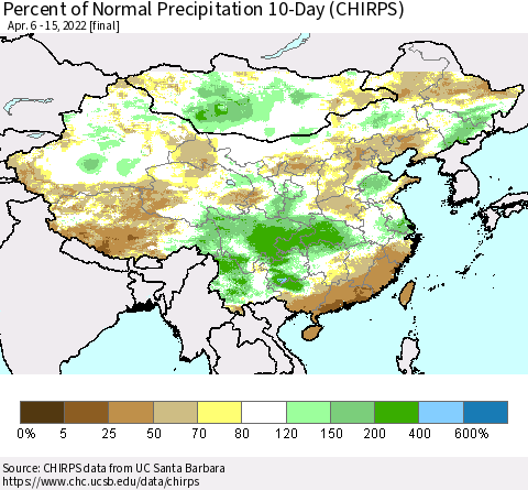 China, Mongolia and Taiwan Percent of Normal Precipitation 10-Day (CHIRPS) Thematic Map For 4/6/2022 - 4/15/2022