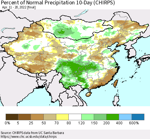 China, Mongolia and Taiwan Percent of Normal Precipitation 10-Day (CHIRPS) Thematic Map For 4/11/2022 - 4/20/2022