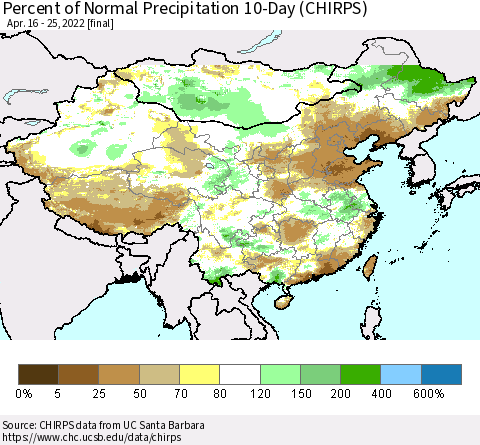 China, Mongolia and Taiwan Percent of Normal Precipitation 10-Day (CHIRPS) Thematic Map For 4/16/2022 - 4/25/2022