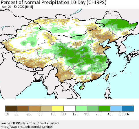 China, Mongolia and Taiwan Percent of Normal Precipitation 10-Day (CHIRPS) Thematic Map For 4/21/2022 - 4/30/2022