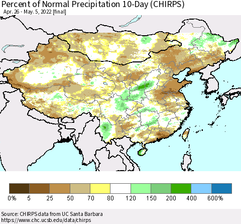 China, Mongolia and Taiwan Percent of Normal Precipitation 10-Day (CHIRPS) Thematic Map For 4/26/2022 - 5/5/2022