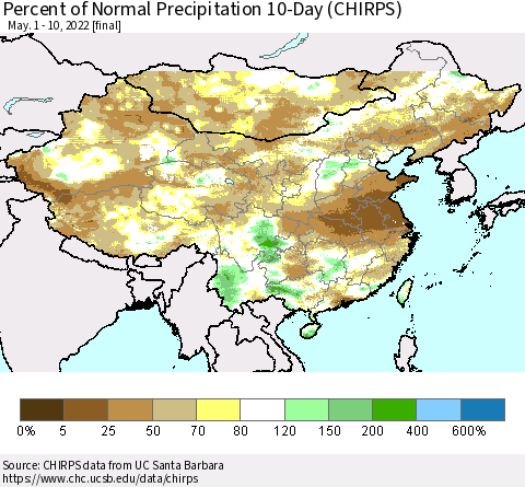 China, Mongolia and Taiwan Percent of Normal Precipitation 10-Day (CHIRPS) Thematic Map For 5/1/2022 - 5/10/2022