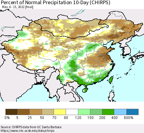 China, Mongolia and Taiwan Percent of Normal Precipitation 10-Day (CHIRPS) Thematic Map For 5/6/2022 - 5/15/2022