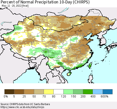 China, Mongolia and Taiwan Percent of Normal Precipitation 10-Day (CHIRPS) Thematic Map For 5/11/2022 - 5/20/2022