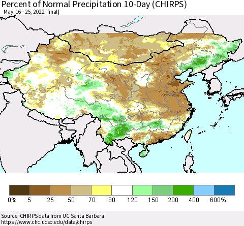 China, Mongolia and Taiwan Percent of Normal Precipitation 10-Day (CHIRPS) Thematic Map For 5/16/2022 - 5/25/2022