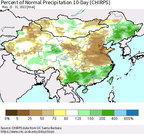 China, Mongolia and Taiwan Percent of Normal Precipitation 10-Day (CHIRPS) Thematic Map For 5/21/2022 - 5/31/2022