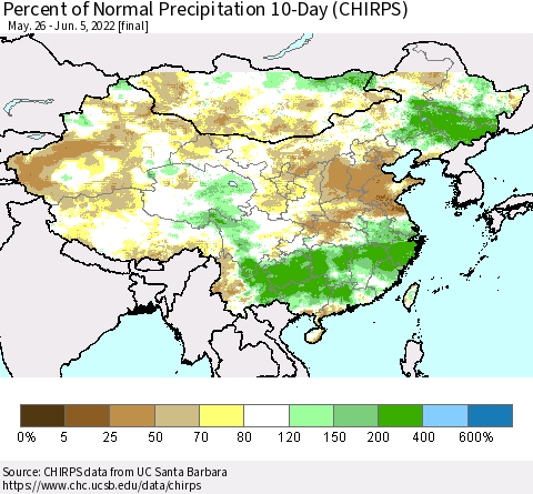 China, Mongolia and Taiwan Percent of Normal Precipitation 10-Day (CHIRPS) Thematic Map For 5/26/2022 - 6/5/2022