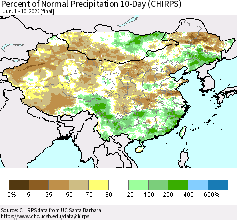 China, Mongolia and Taiwan Percent of Normal Precipitation 10-Day (CHIRPS) Thematic Map For 6/1/2022 - 6/10/2022