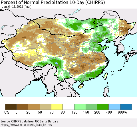 China, Mongolia and Taiwan Percent of Normal Precipitation 10-Day (CHIRPS) Thematic Map For 6/6/2022 - 6/15/2022