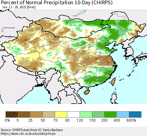 China, Mongolia and Taiwan Percent of Normal Precipitation 10-Day (CHIRPS) Thematic Map For 6/11/2022 - 6/20/2022