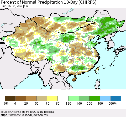 China, Mongolia and Taiwan Percent of Normal Precipitation 10-Day (CHIRPS) Thematic Map For 6/16/2022 - 6/25/2022