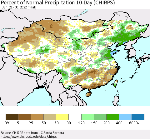 China, Mongolia and Taiwan Percent of Normal Precipitation 10-Day (CHIRPS) Thematic Map For 6/21/2022 - 6/30/2022