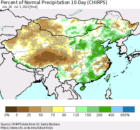 China, Mongolia and Taiwan Percent of Normal Precipitation 10-Day (CHIRPS) Thematic Map For 6/26/2022 - 7/5/2022