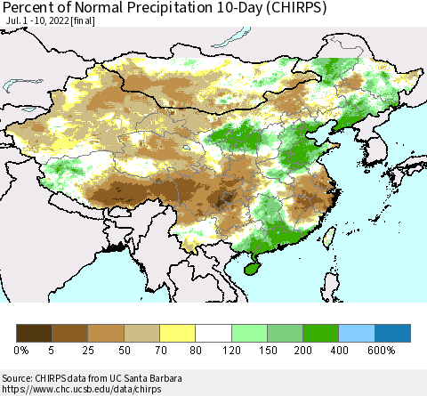 China, Mongolia and Taiwan Percent of Normal Precipitation 10-Day (CHIRPS) Thematic Map For 7/1/2022 - 7/10/2022