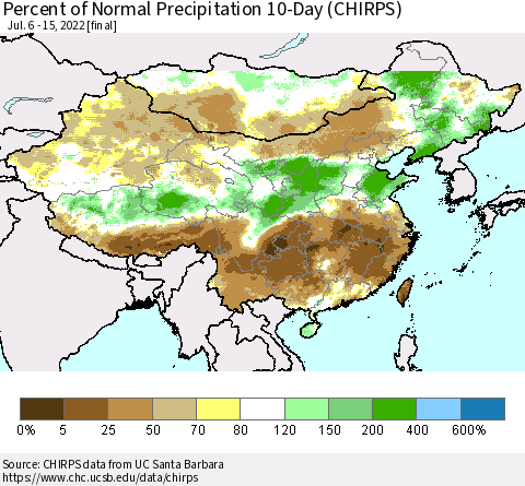 China, Mongolia and Taiwan Percent of Normal Precipitation 10-Day (CHIRPS) Thematic Map For 7/6/2022 - 7/15/2022