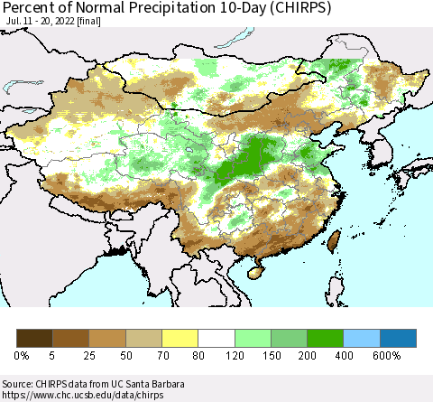 China, Mongolia and Taiwan Percent of Normal Precipitation 10-Day (CHIRPS) Thematic Map For 7/11/2022 - 7/20/2022