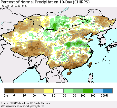 China, Mongolia and Taiwan Percent of Normal Precipitation 10-Day (CHIRPS) Thematic Map For 7/16/2022 - 7/25/2022