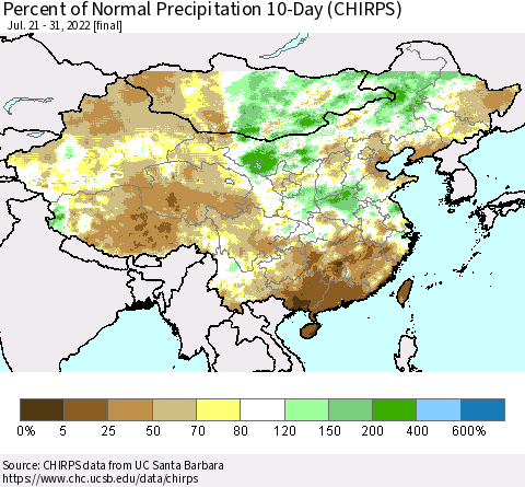 China, Mongolia and Taiwan Percent of Normal Precipitation 10-Day (CHIRPS) Thematic Map For 7/21/2022 - 7/31/2022