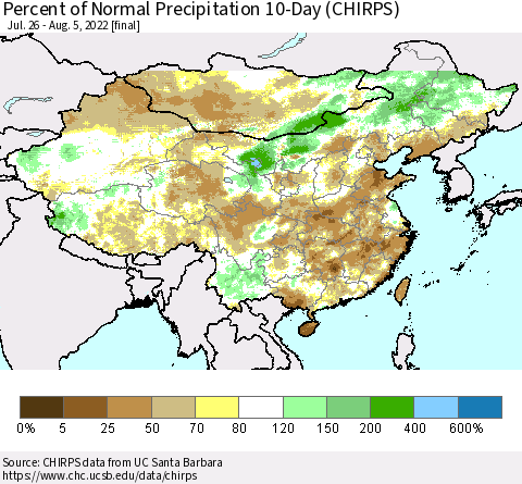 China, Mongolia and Taiwan Percent of Normal Precipitation 10-Day (CHIRPS) Thematic Map For 7/26/2022 - 8/5/2022