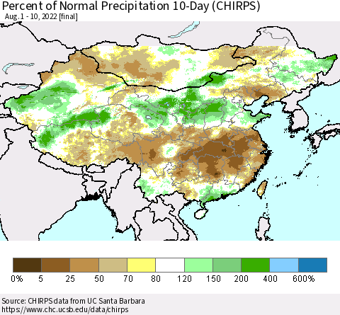 China, Mongolia and Taiwan Percent of Normal Precipitation 10-Day (CHIRPS) Thematic Map For 8/1/2022 - 8/10/2022