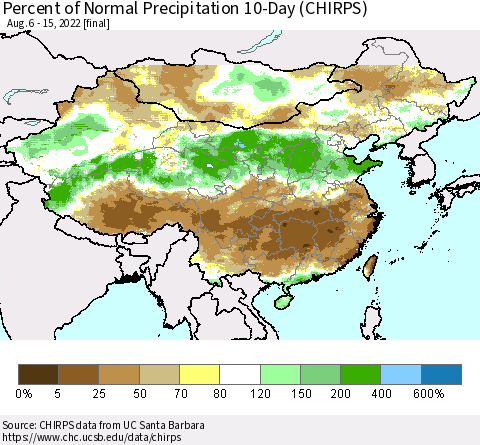 China, Mongolia and Taiwan Percent of Normal Precipitation 10-Day (CHIRPS) Thematic Map For 8/6/2022 - 8/15/2022