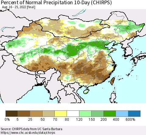 China, Mongolia and Taiwan Percent of Normal Precipitation 10-Day (CHIRPS) Thematic Map For 8/16/2022 - 8/25/2022