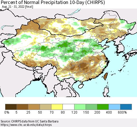 China, Mongolia and Taiwan Percent of Normal Precipitation 10-Day (CHIRPS) Thematic Map For 8/21/2022 - 8/31/2022