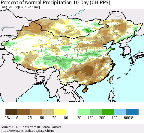 China, Mongolia and Taiwan Percent of Normal Precipitation 10-Day (CHIRPS) Thematic Map For 8/26/2022 - 9/5/2022