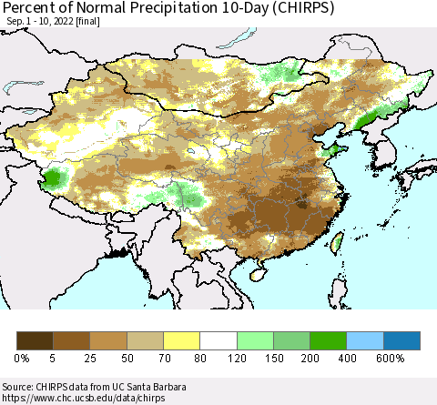 China, Mongolia and Taiwan Percent of Normal Precipitation 10-Day (CHIRPS) Thematic Map For 9/1/2022 - 9/10/2022