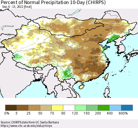China, Mongolia and Taiwan Percent of Normal Precipitation 10-Day (CHIRPS) Thematic Map For 9/6/2022 - 9/15/2022