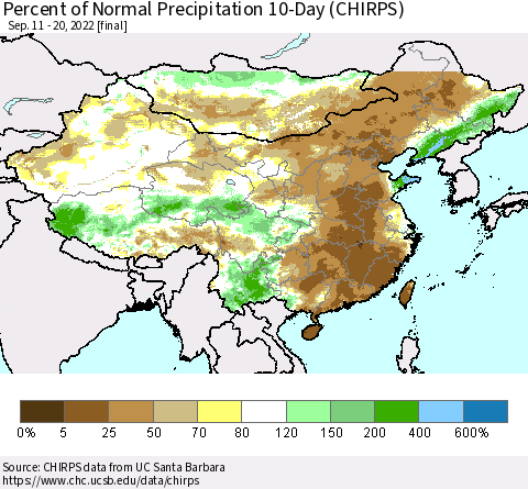 China, Mongolia and Taiwan Percent of Normal Precipitation 10-Day (CHIRPS) Thematic Map For 9/11/2022 - 9/20/2022